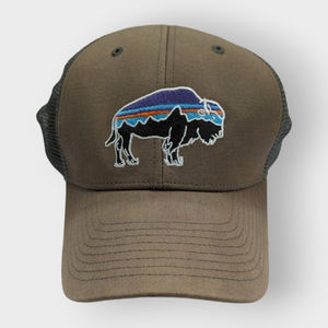 Vintage Patagonia Fitz Roy Bison Sunset Buffalo Olive/Tan Mesh Snapback Hat